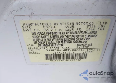 2011 Nissan Sentra 2.0S z USA, uszkodzony, nr VIN 3N1AB6AP1BL615792